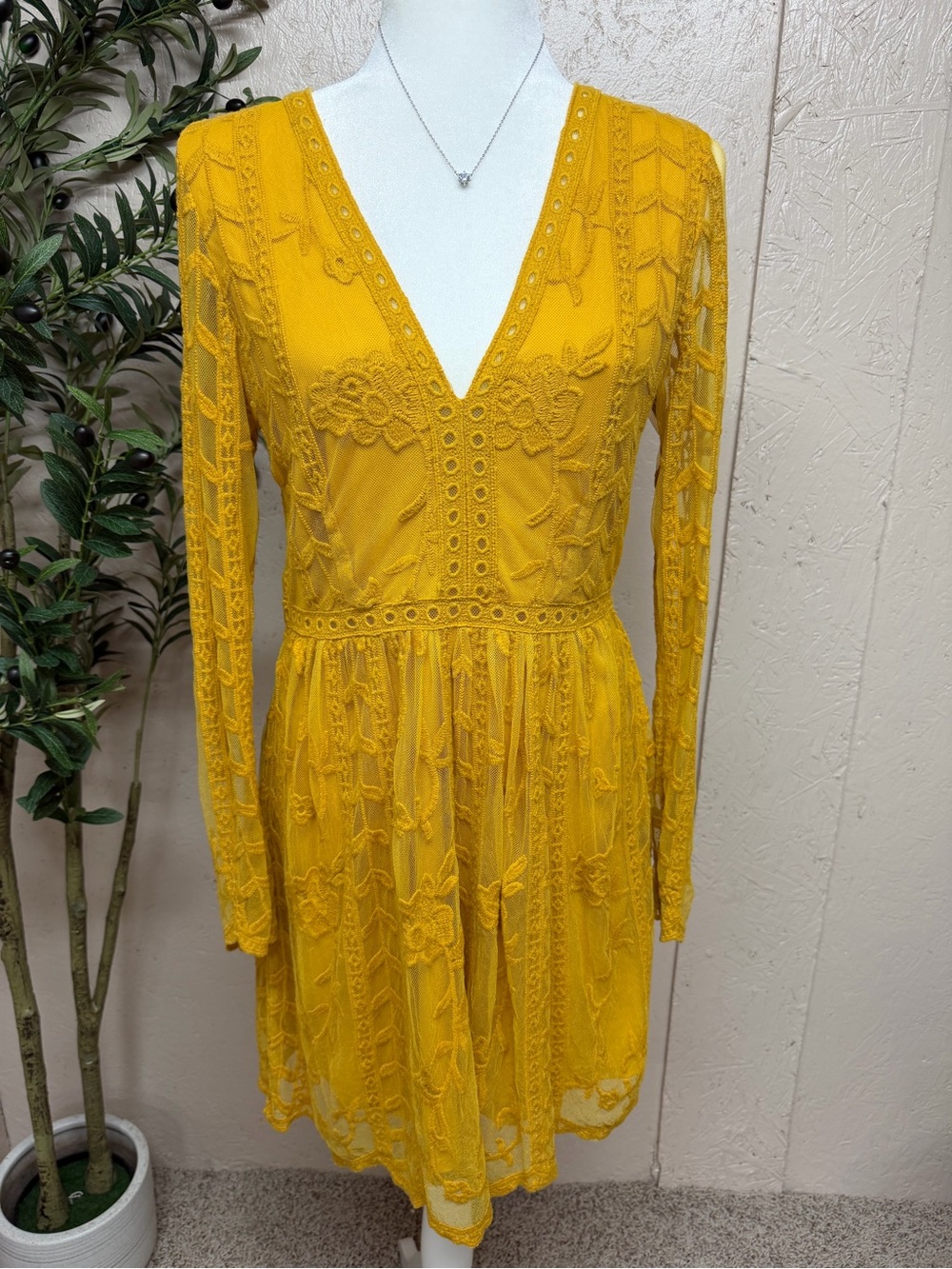 Altar'd State Mustard Yellow Lace V-Neck Long Sleeve Dress